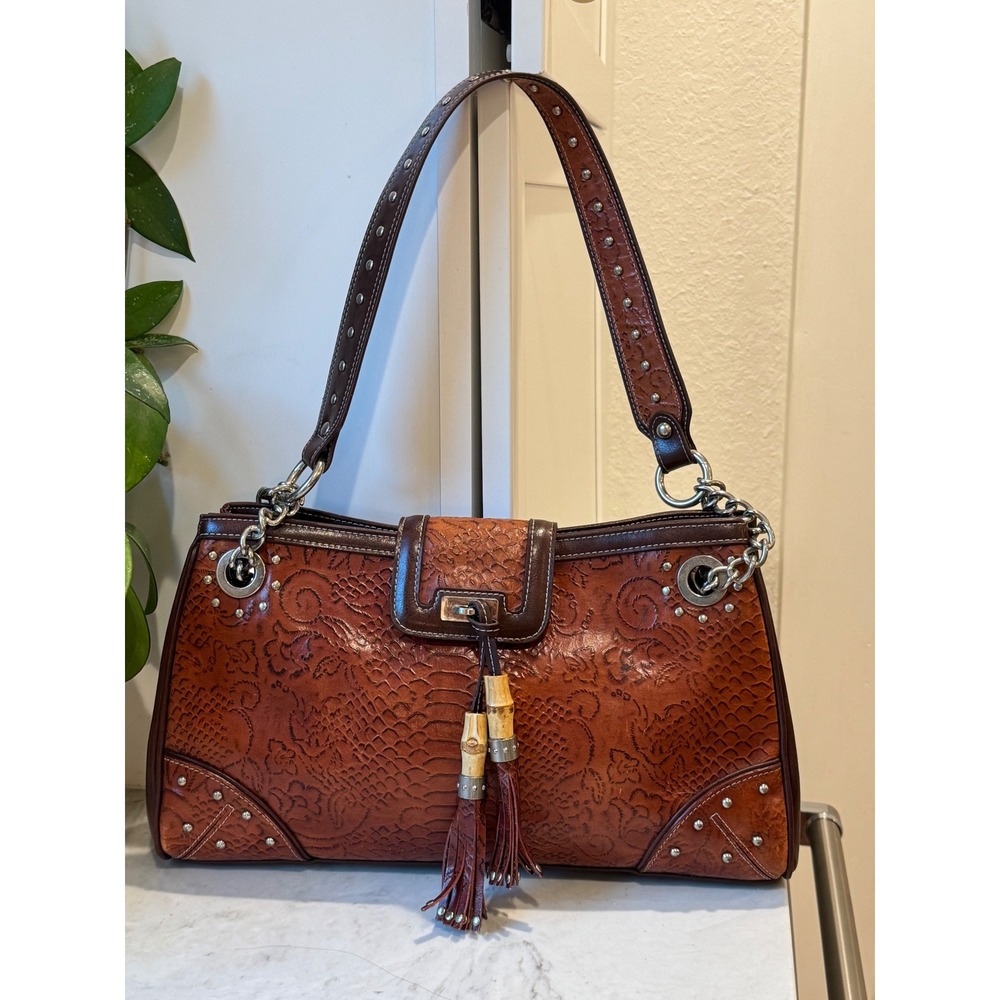 Western Shoulder Bag Womens Medium Brown Embossed Tassel Studded Baguette Style